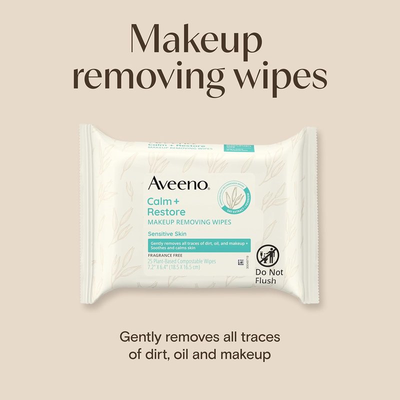 Aveeno Calm + Restore Makeup Remover Wipes - Unscented, Fragrance-Free Facial Towelettes with Oat Extract & Feverfew | 25 Ct