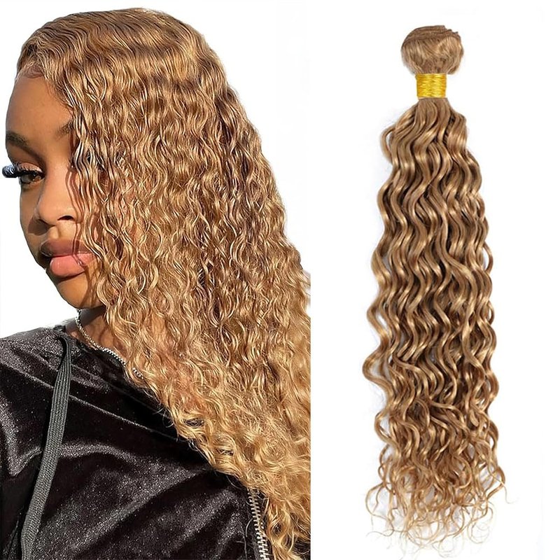 Honey Blonde Human Hair Bundles 14 16 18 Inch Water Wave Bundles Human Hair Unprocessed Native Virgin Hair 100/PC 3 Extensions #27 Blonde Color Curly Wet and Wavy Human Hair Extensions for Women