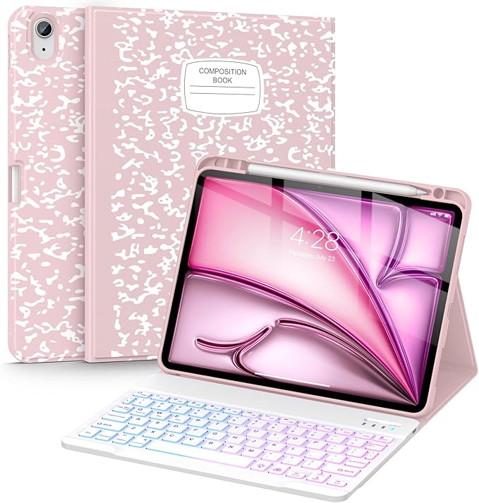 Supveco Keyboard Case for iPad Air 11 Inch (M4 2026,M3 2025,M2 2024),iPad Air 5th/4th Generation with Pencil Holder-7 Colors Backlit Wireless Detachable Folio Keyboard Cover -Pink
