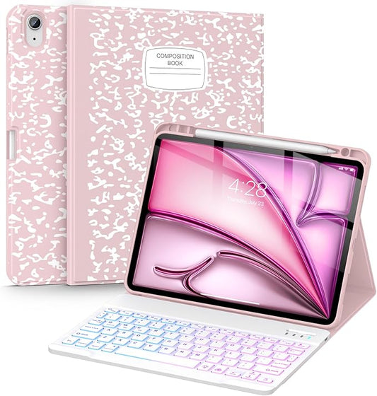 Supveco Keyboard Case for iPad Air 11 Inch (M4 2026,M3 2025,M2 2024),iPad Air 5th/4th Generation with Pencil Holder-7 Colors Backlit Wireless Detachable Folio Keyboard Cover -Pink