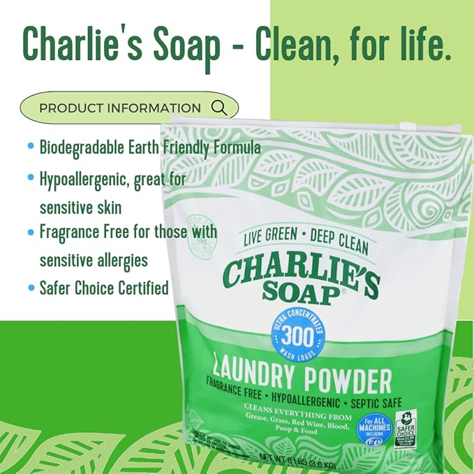 Charlieâs Soap Laundry Powder (300 Loads, 2 Pack) Hypoallergenic Deep Cleaning Washing Powder Detergent â Eco-Friendly, Safe, and Effective