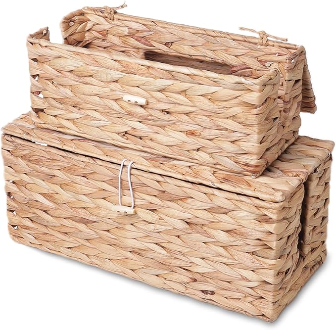 KWEEHAWTI Cable Management Box, Cord Hider Organizer Box with Lid 2-Pack,2 Side Open Slots Handwoven Water Hyacinth Storage Box for Power Strips, Floor, Desk, Office