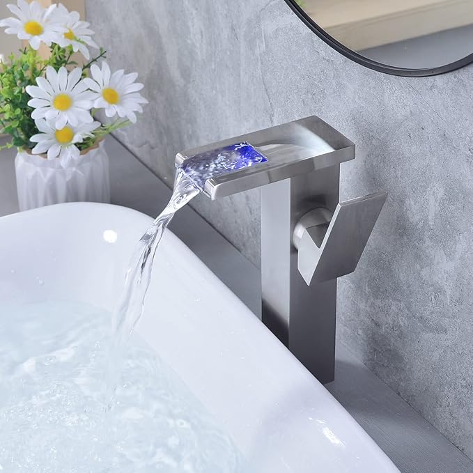 LED Waterfall Bathroom Sink Faucet, 3 Colors Changing Glass Spout Faucet with Water Supply Hose, Single Handle Single Hole Slanted Body Brass Mixer Vanity Sink Tap (Brushed Nickel)