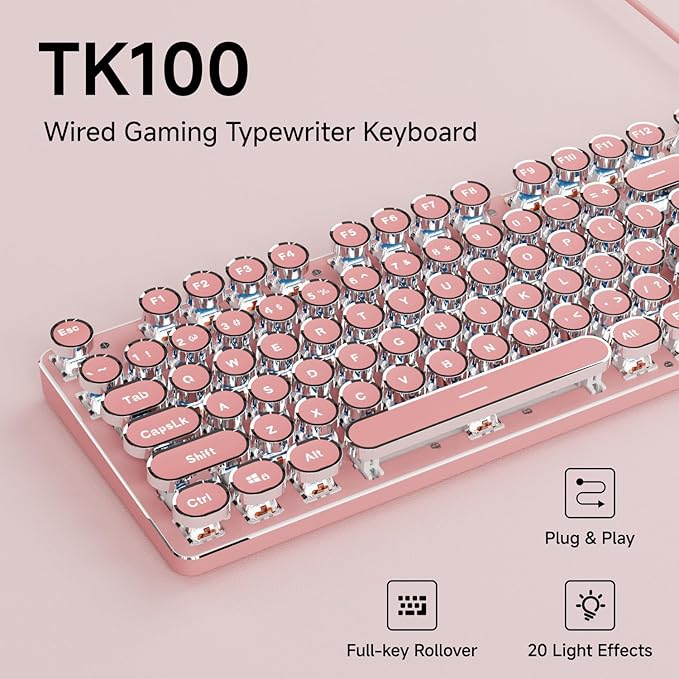 SEUNKWANG Typewriter Style Mechanical Gaming Keyboard with White Backlit, Wired Retro Punk Computer Keyboard Durable Metal Panel, Clicky Blue Switch, Round Keycaps, Full-Size for PC/Desktop/Win, Pink