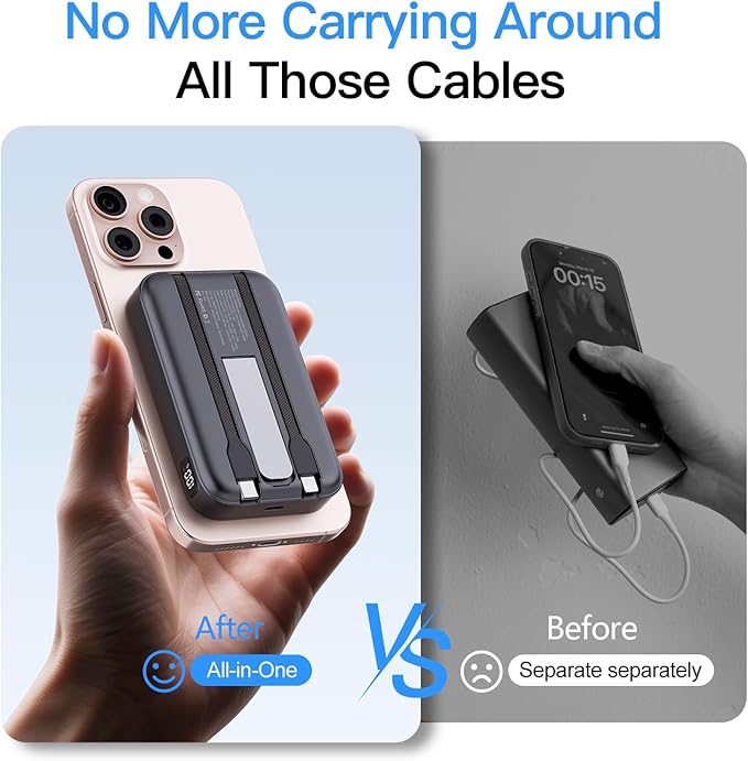 VTIAEK 2026 Latest Portable Charger, 16800mAh Magnetic Wireless Power Bank with 2 Built in Cables, LED Display Battery Pack Travel Essentials for iPhone 17/16/15/14/13/Pro/Mini/Pro Max Andriod