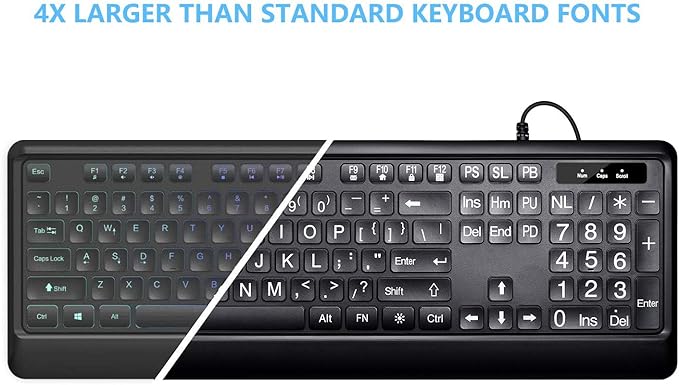 KOPJIPPOM Large Print Backlit Keyboard, USB Wired Computer Keyboard, Full Size Keyboard with White Illuminated LED Compatible for Windows Desktop, Laptop, PC, Gaming, Black