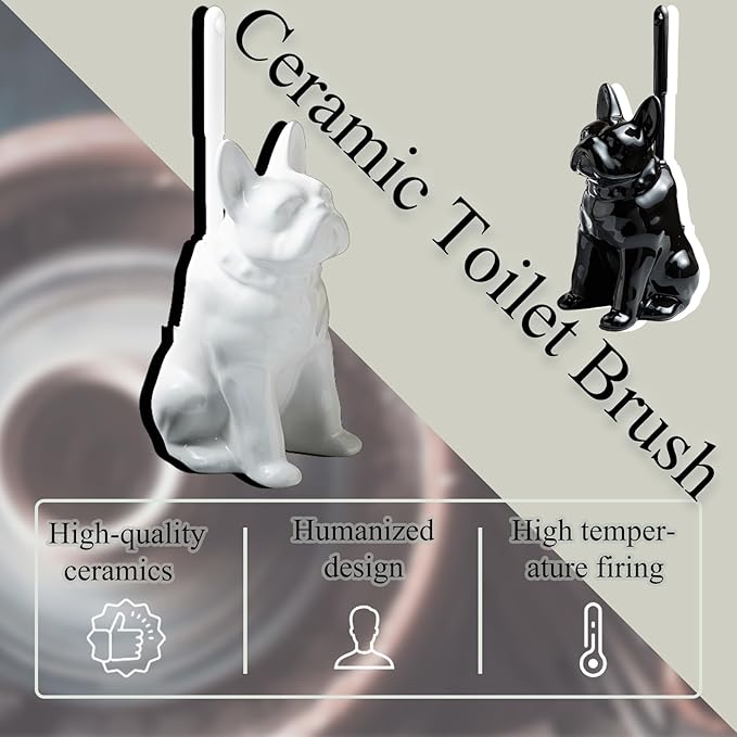2026 Ceramic Dog Toilet Brush Holder Set, French Bulldog Design with 2PCS Durable Plastic Brush, Modern Bathroom Accessories (White)