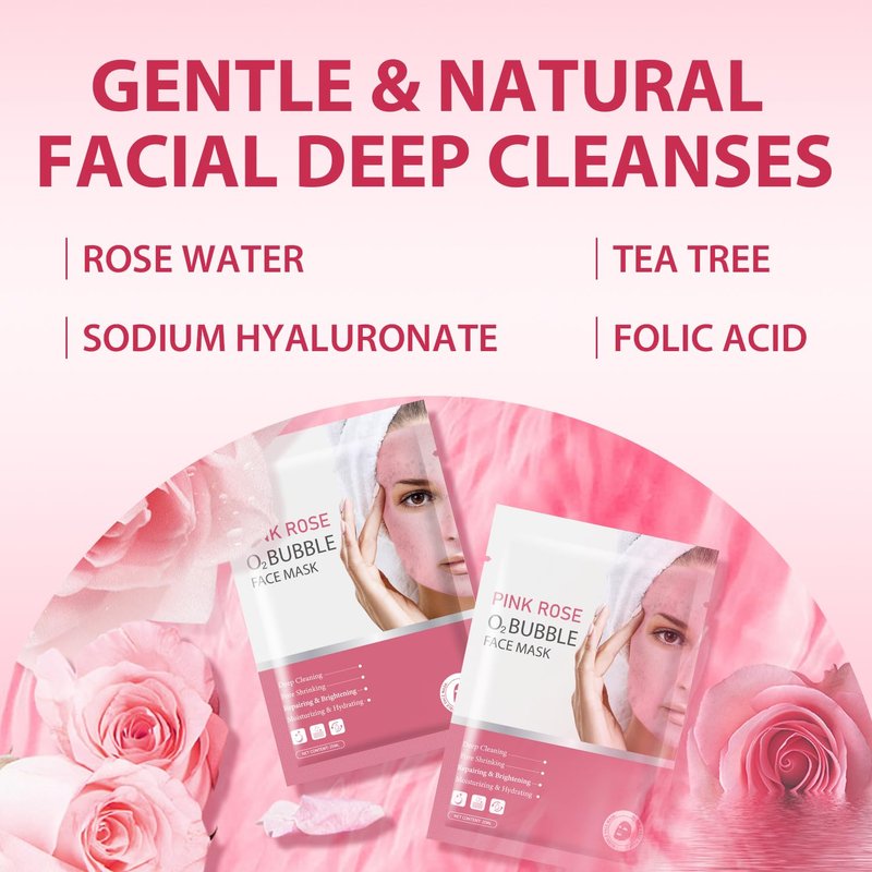 IREV Pack of 10 Pink Rose O2 Bubble Face Masks Skincare, Spa Presents for Women, Bubble Face Sheet Mask Cleaner Foaming Purifying Facial Mask for Acne and Pores Moisturizing Beauty Sheet Masks