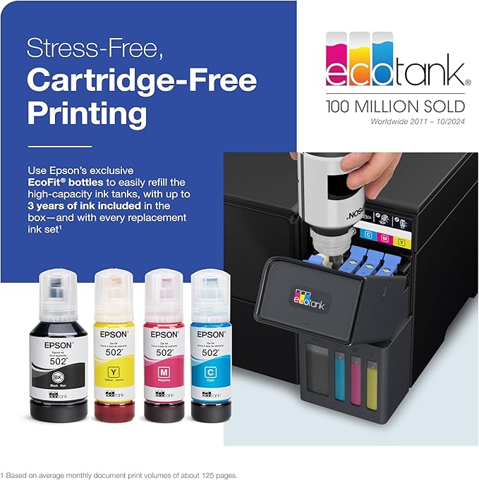 Epson EcoTank ET-2980 Wireless All-in-One Color Supertank Printer with Refillable Ink Tanks, 3 Years of Ink, Mobile Printing, 15 ISO PPM, Color Touchscreen, Auto 2-Sided, Black