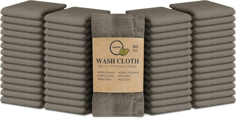 Softolle 100% Cotton Ring Spun Wash Cloths – Bulk Pack of Washcloths – 12x12 Inches – Wash Cloth for Face, Highly Absorbent, Soft and Face Towels (Taupe, 60 Pack)