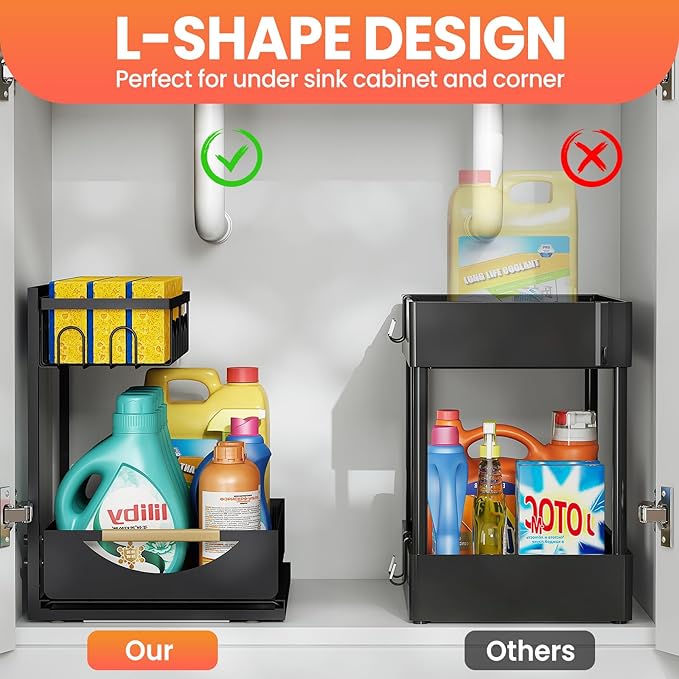 Under Sink Organizer and Storage for Bathroom and Kitchen - 2 Pack 2 Tier Under Cabinet Pull Out Shelf Organizers - Sliding Out Drawer Organization for Home Cabinets Shelves and Drawers