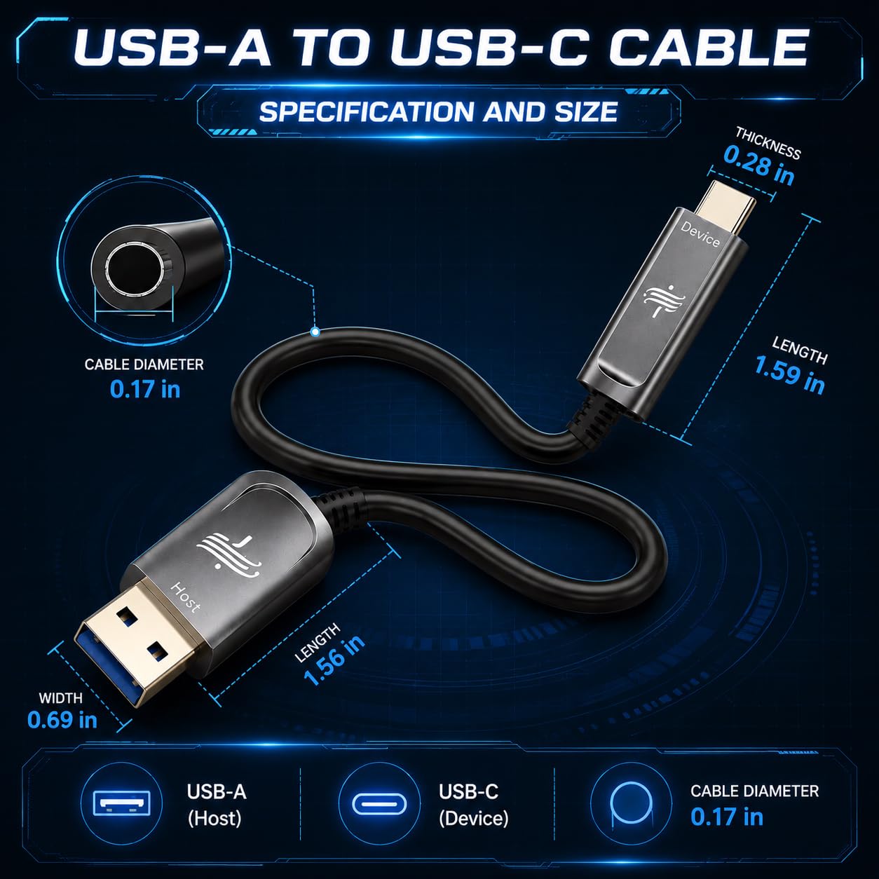 DWLCWY Fiber Optic USB A to USB C Cable(50ft),High Speed 10Gbps USB 3.2 Gen2 Active Optical Cable for VR, Webcam, Laptop,Camera,Projector etc,Grey