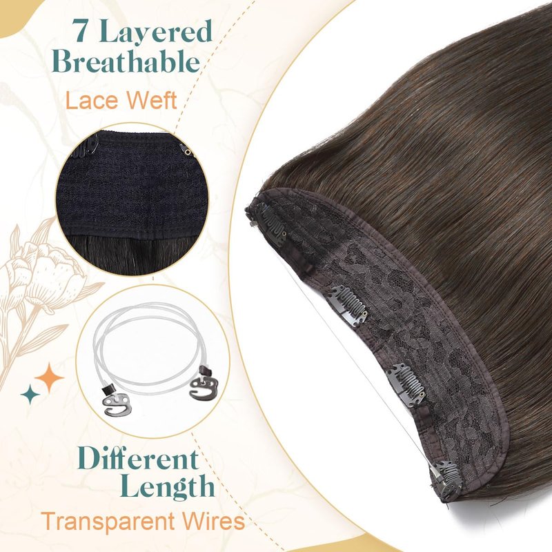 Sindra Wire Hair Extensions Real Human Hair, 4 Medium Brown Invisible Wire Hair Extensions, 14inch 70g Transparent Seamless Fish Line Hairpiece for Women