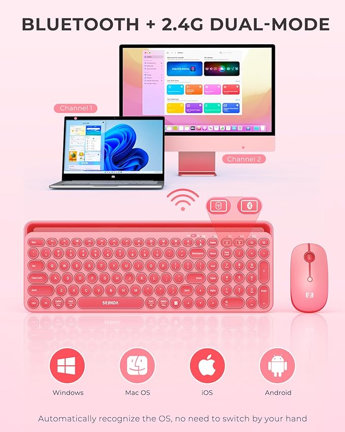 seenda Bluetooth Keyboard and Mouse for iPad, CTU-301 Wireless Multi-Device Connection Bluetooth+2.4G Keyboard Mouse Combo with Tablet Holder for iPad/MacBook/Windows, iOS/Android/Phone, Coral Pink