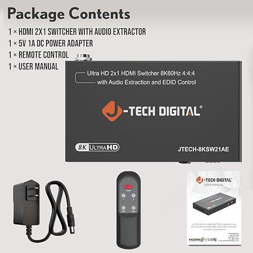 J-Tech Digital 8K HDMI Switch 2 in 1 Out 8K@60Hz 4K@120Hz 1080P@240Hz, HDMI Audio Extraction to Optical & 3.5mm, HDR HDCP 2.3 EDID Control, Compatible with PS5 PS4 Xbox Switch Apple TV Roku Fire TV