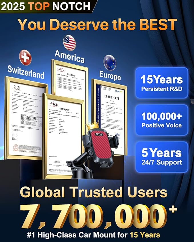 HTU 2026 Ultimate Best【True Military-Grade & Safety Cert】Car Phone Holder【Upgraded 360 Rotation & 100+LBS Strongest Suction】5-in-1 Truck Windshield Dashboard Vent Mount Stand for iPhone Android, Red