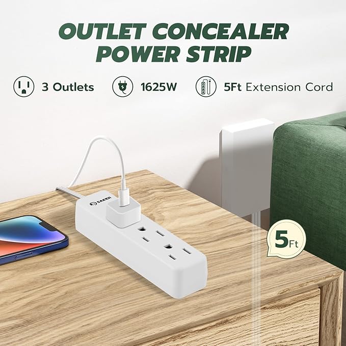 Saker Outlet Concealer Power Strip | 5ft Flat Plug Extension Cord with 3 Outlets,1625W | Universal Size Outlet Cover Baby Proofing | Cover Extension Cord for Kitchen, Home and Office