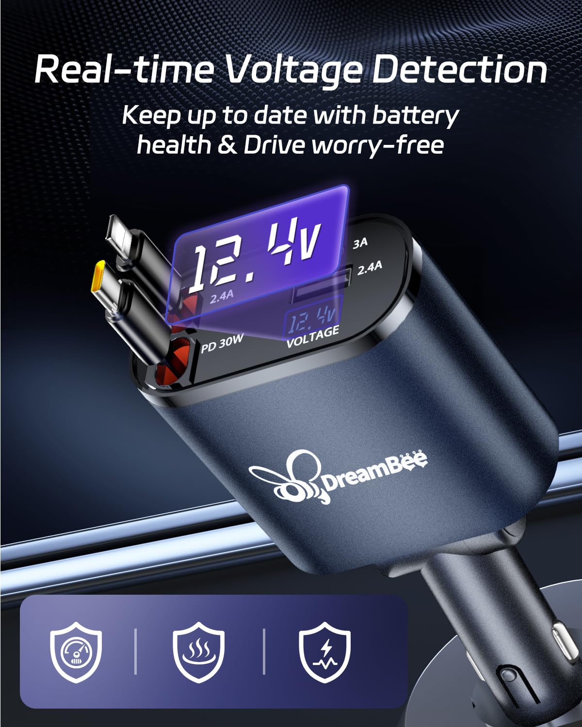 DreamBee Retractable Car Charger,66W 4 in 1 Super Fast Charge Car Phone Charger,Retractable Cables (31.5 inch) and 2 USB Ports Car Charger Adapter for iPhone 17/16/15/14/13/12 Pro Max XR,iPad,Samsung
