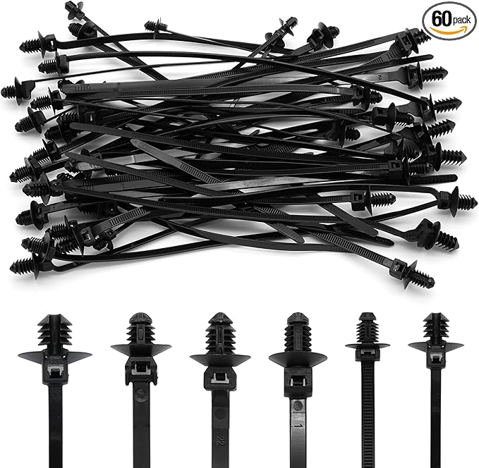 Semrien 60 Pcs Push Mount Cable Ties Assorted Sizes, Black Nylon Push Mount Zip Ties Wire Harness Clips, 6-Types Snap in Zip Ties Self Locking Automotive Wire Ties for Wire Tying, Automotive