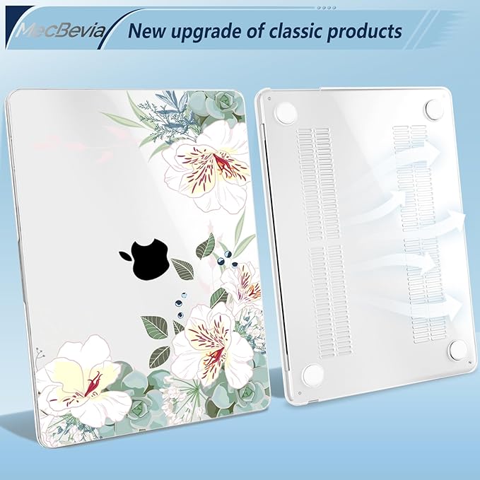 MecBevia Compatible with 2026 M5 MacBook Air 13 inch Case 2026 2025 2024-2022 M5 A3449 M4 A3240 M3 A3113 M2 A2681, Keyboard Cover, Screen Protector, Webcam Cover & Type-C OTG, White Alstroemeria