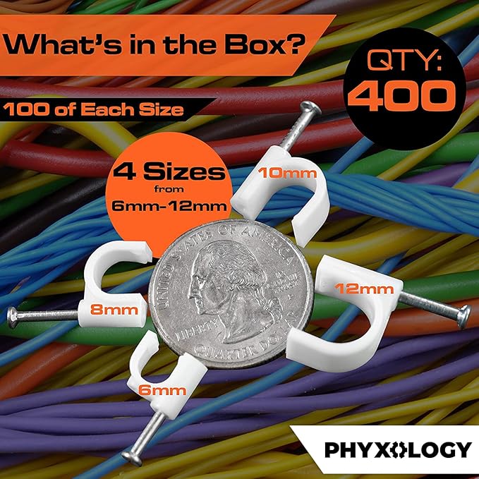Pro-Grade, Cable Clips with Steel Nails 6mm, 8mm, 10mm, 12mm Size Wire Holders and Tacks 100 Each. Durable, UV Resistant Easy Install Plastic Clips Organize Coax, Ethernet, Cat5, Cat6 and Other Cords