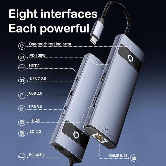 KAGO 8-in-1 USB C Hub Docking Station: 4K HDMI, 100W PD Fast Charging, 100M Ethernet, SD/TF Card Reader, USB 3.0/2.0 Ports - Aluminum Type-C Adapter for MacBook Pro/Air, iPad Pro, iPhone 15/16 Pro Max
