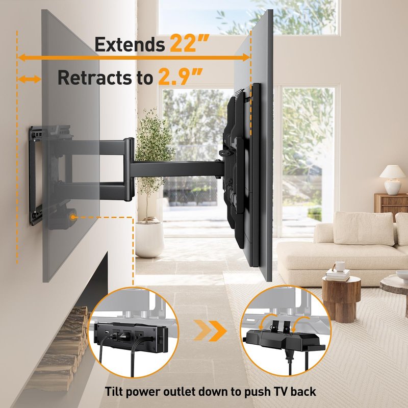 Perlegear Full Motion TV Wall Mount with Power Strip for 42–90 Inch TVs up to 150 lbs, Pre-Assembled TV Mount Has Smooth Swivel, Tilt, Extension, Max VESA 600x400mm, 12“/16”/24” Wood Studs, PGLF11