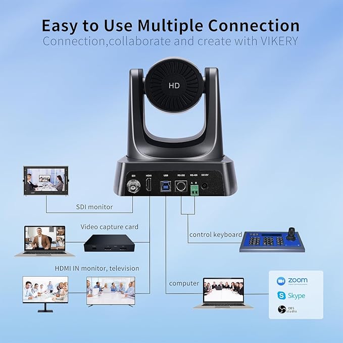 Vikery 10X PTZ Conference Webcam with 3G-SDI/HDMI/USB Output, 1080P PTZ Live Streaming Camera for Church, Education, Conference Room Camera Attached Remote Control Work with Zoom, Skype, OBS