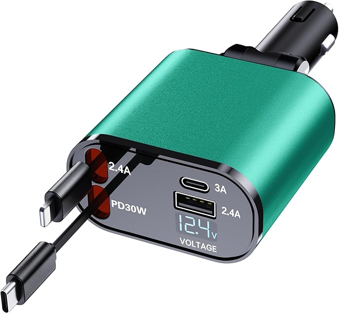 Mifanstech Retractable Car Phone Charger, 4 in 1 Fast Charge Car Phone Charger with 2 Retractable Cables(2.6ft) and 2 USB Ports, Compatible with iPhone15/14/15 Pro Max,Samsung (Bluish Green)
