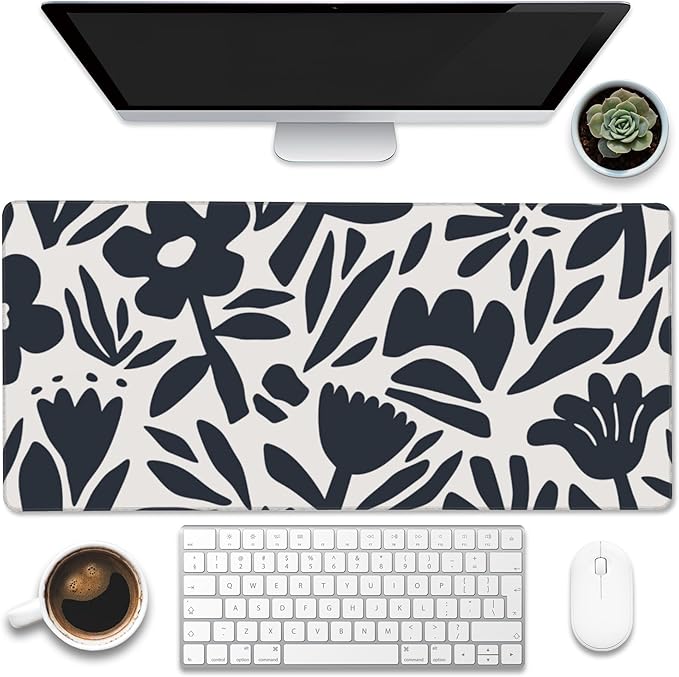 Eflxamz Desk Pad,Hand Drawn Leaves and Flowers Desk Mat,Abstract Plant Large Gaming Mouse Pad for Desk,Extended Big Computer Keyboard Mouse Pad with Non-Slip Base and Stitched Edge,35.4"x15.7"