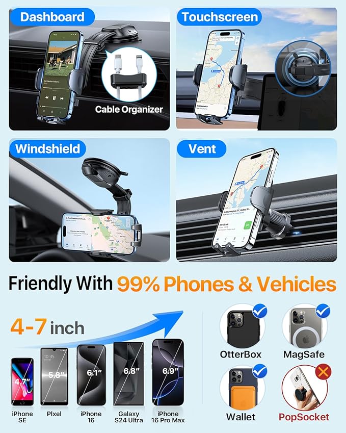 HTU Upgraded Strongest Suction Car Phone Holder Bendable Arm, Never Block View Rotatable Cellphone Mount for Dashboard Windshield Vent, Cradle Stand for iPhone 17 16 15 14 13 12 Pro Max (Dark Pink)