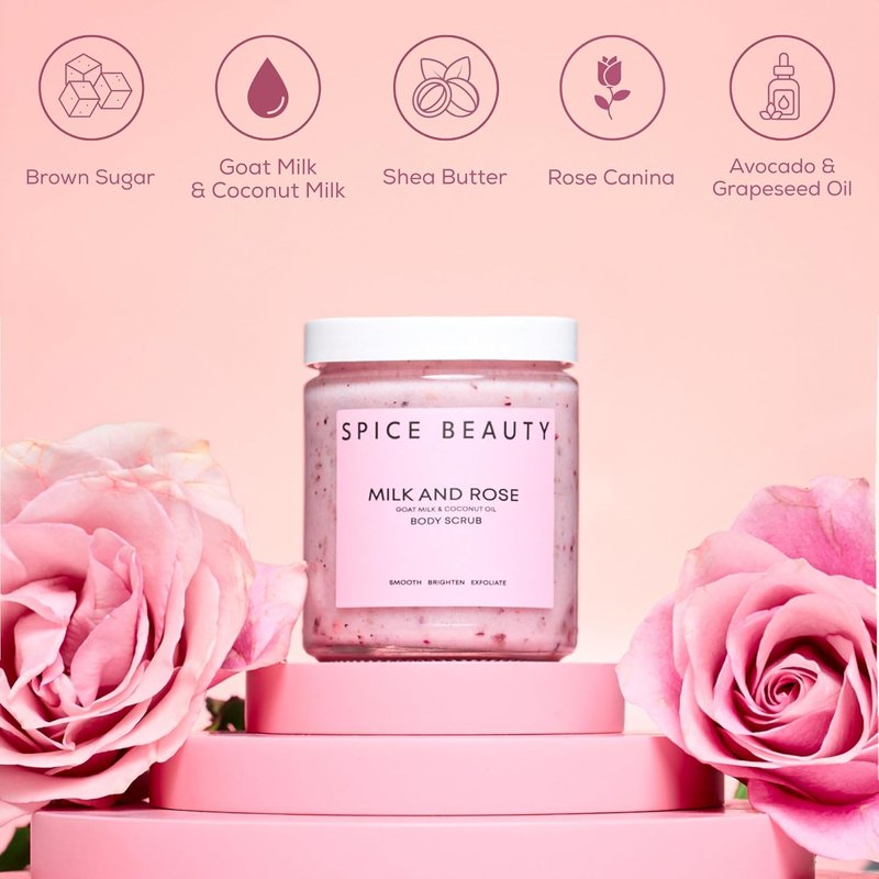 Milk and Rose Body Scrub - In-Shower Moisturizer with Coconut Oil & Shea Butter | Gentle Exfoliation | 9 Oz