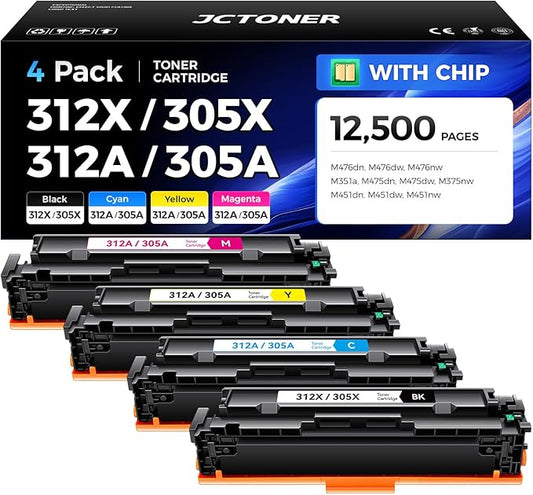 312X 312A Toner Cartridge Set 4-Pack Replacement for HP 312X 312A 305A 305X for LaserJet Pro 400 color MFP M475dn M475dw M451dn M451dw M451nw Pro 300 M375nw M351a M476dw M476nw M476dn Printer Ink