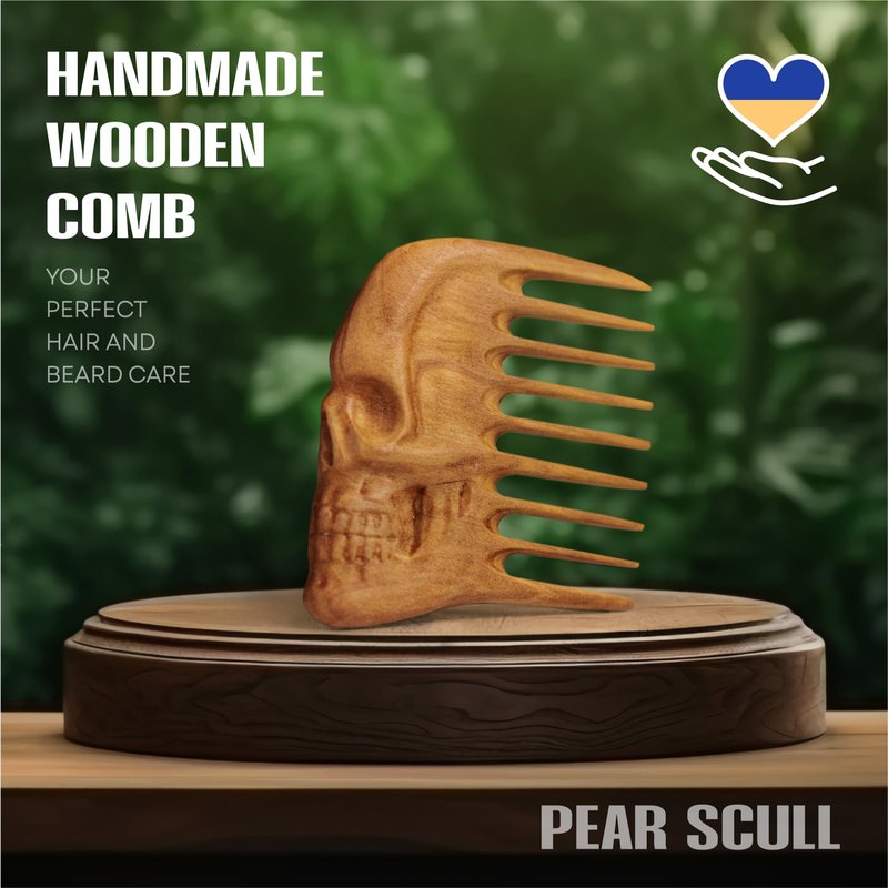Handmade Wooden Beard Comb for Men Eco-Friendly Natural Wood Anti-Static Beard Grooming Tool Perfect for Styling Detangling & Shaping Gentle on Beard & Skin Sustainable Gift Idea (Pear Skull)
