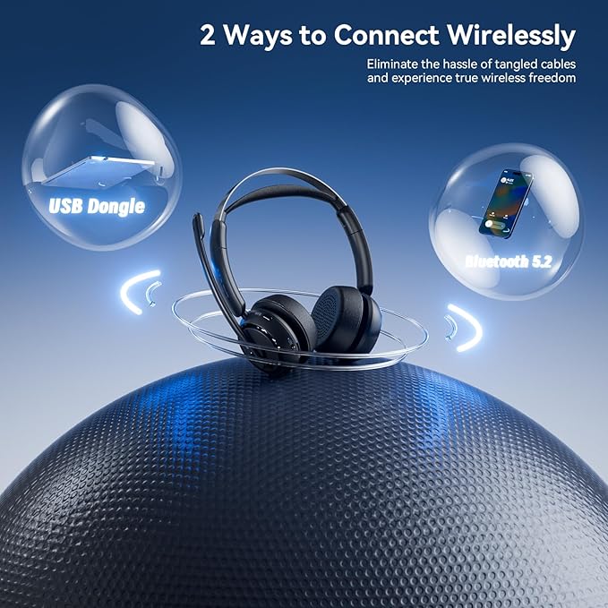 LEVN Wireless Headset 5.2 for Call Center, BluetoothHeadphones with Mic for Work(Noise Cancelling), 65 HoursWoktime & Mute Button,Wireless Headset for Work fromHome/Office/PC/Computer/Laptop(Silvery)