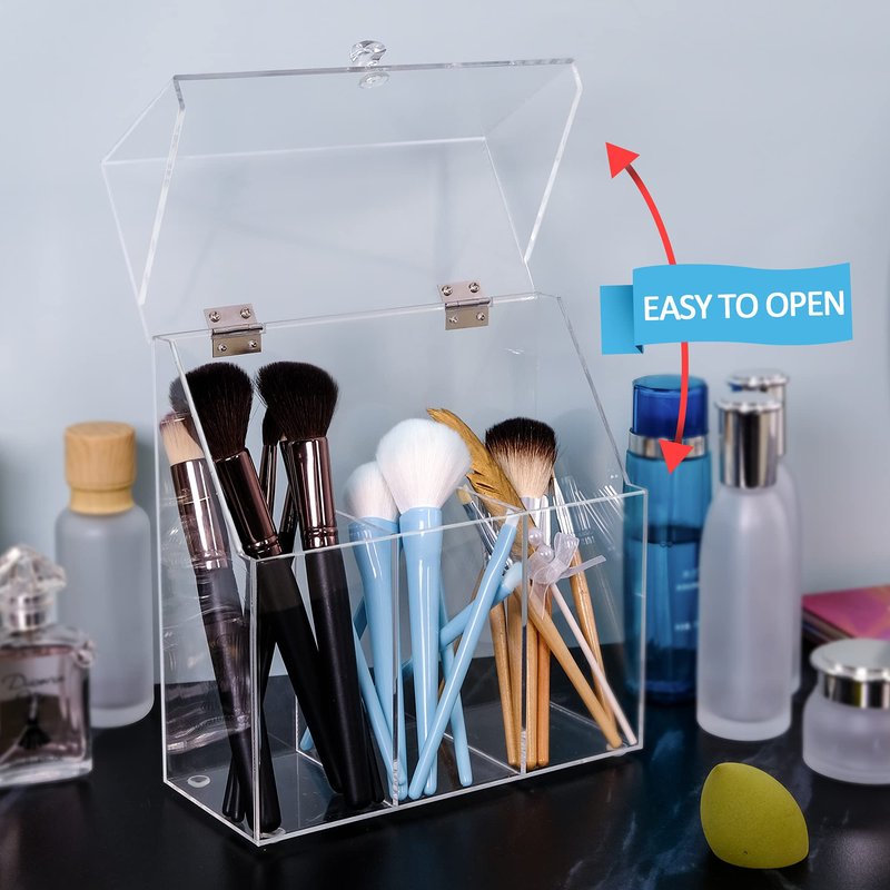 weddingwish Makeup Brush Holders With Cover, Dust-Proof Lid, Acrylic Makeup Storage Box, Large Capacity Brush Organizer for Dressing Table…