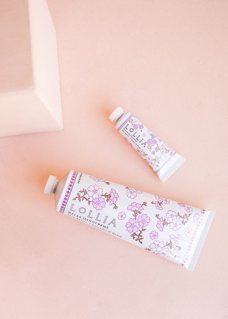 LOLLIA Relax Handcreme Bundle, 4 oz. & .33 oz. – Lavender & Honey – Scented Hand Cream for Women, Moisturizing Hand for Dry Hands, Shea & Cocoa Butter, Quick Absorbing Lotion, Travel Lotion