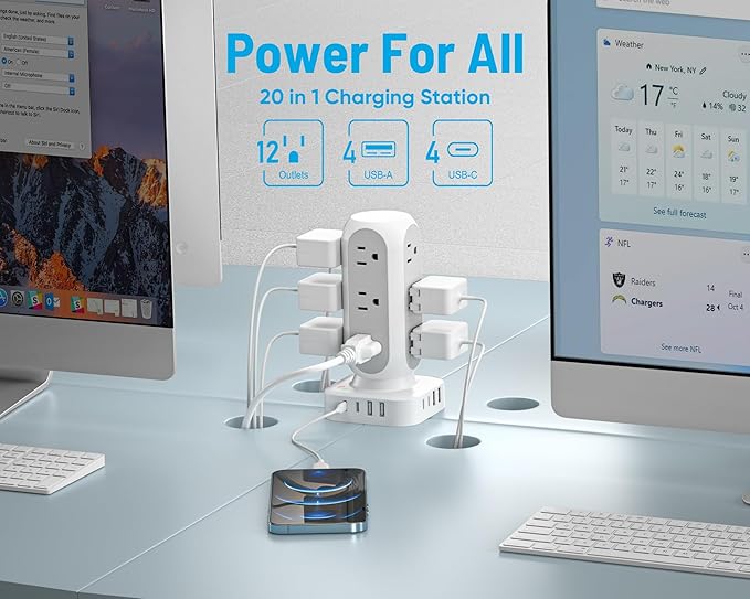 Flat Plug Power Strip Tower, TenTrend 65W Max Charging Tower with 12 AC Outlets & 8 USB Ports (4 USB C), 82W Total Fast Charging Station, 10FT Extension Cord for Desk Office Dorm Room