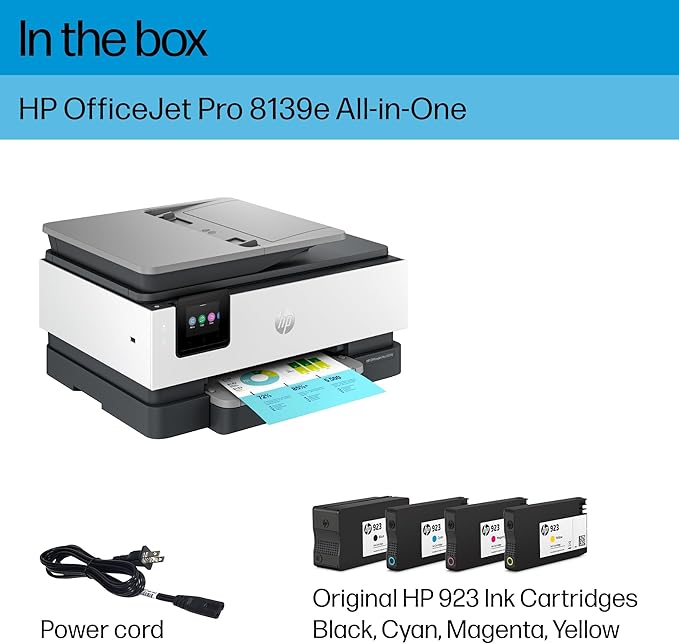 HP OfficeJet Pro 8139e Wireless All-in-One Color Inkjet Printer, Print, scan, Copy, fax, ADF, Duplex Printing Best-for-Home Office, 1 Year Instant Ink Trial Included, AI-Enabled (40Q51A)