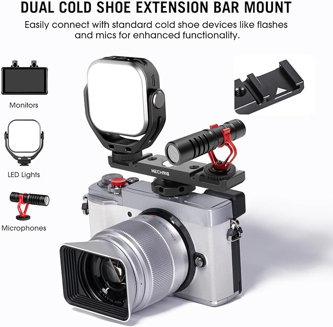 Mechrig Dual Cold Shoe Extension Bar Mount, Aluminum Dual Hot Shoe Mount Bracket with 1/4" Thread & Cable Slot, Cold Shoe Bracket for DSLR Camera LED Video Light Microphone Monitor (62034)
