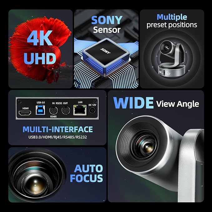 Vunvooker 4K Conference Room Camera,PTZ Camera 20X Optical Zoom with IP/USB3.0/HDMI/RS232/RS485 for IP Live Streaming Video Conference and Church Education