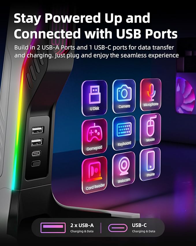 IFYOO RGB Gaming Headset Stand with 2 USB and 1 Type-C Ports, Game Headphone Mount for PC Computer, Xbox One, Xbox Series S/X, PS5, PS4, Earphone Holder Hanger, Desk Gamer Accessories, Black&White