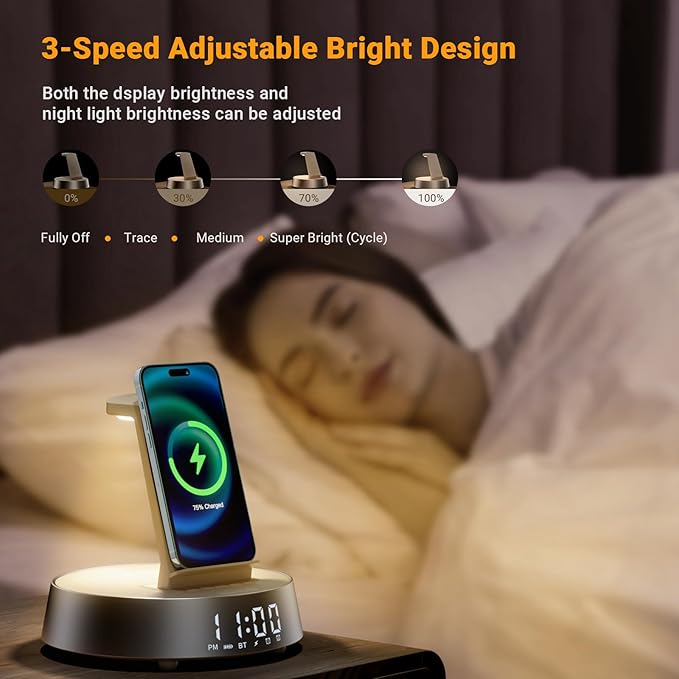 Alarm Clock with Wireless Charging Station, Clock for Bedroom with Dimmable Night Light Bluetooth Speaker, Wireless Charger Dock Station for iPhone 16 15 14 13 12 11 Pro Max, Apple Watch