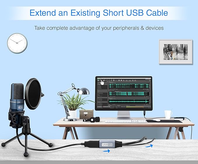 BlueRigger Active USB 3.0 Extension Cable 25FT (5 Gbps USB Extender Cord) - Long USB Extension Cable for Webcam, VR Headset, Printer, Hard Drive, Keyboard, Mouse