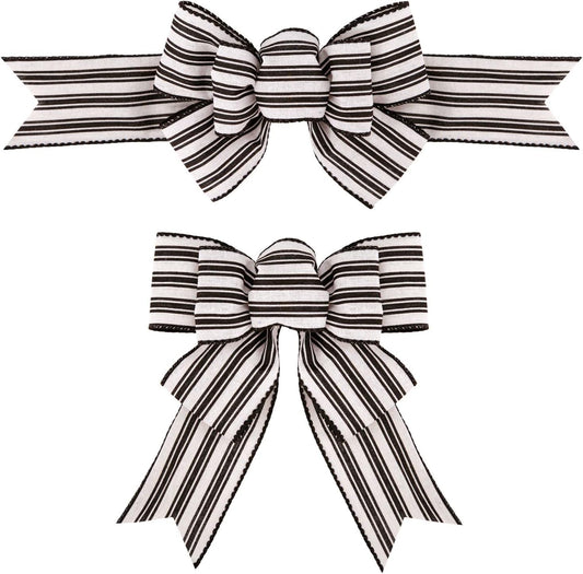Meseey Wired Ribbon Bows - Handmade Black and White Striped Burlap for Wreaths & Gift Wrapping | 2 Pcs