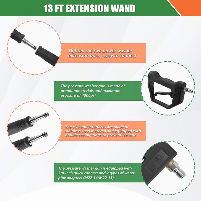 Gutter Cleaning Tools From the Ground, 13 FT Pressure Washer Extension Wand, Power Washer Lance With 5 Pressure Washer Spray Nozzle Tips, 30Â°, 120Â° Gutter Cleaner Curved Rod for Wall Roof Gutter