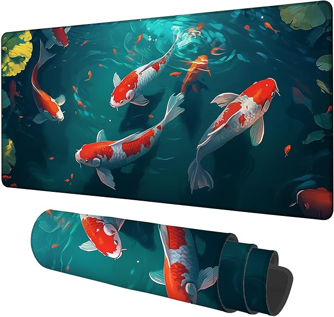 NITAHHHY Large Mouse Pad Koi Fish Gaming Desk Pad Computer Keyboard Non-Slip Waterproof Mouse Mat with Rubber Base and Stitched Edges Entertainment Office Writing Desk Mat 35.4 x 15.7 Inches