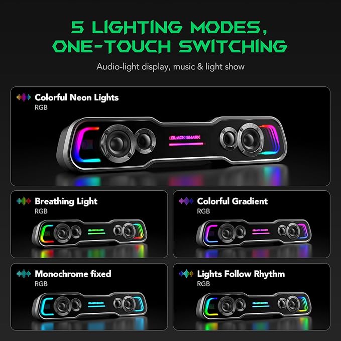 Black Shark Bluetooth Computer Speakers for Desktop, Dynamic Multi-Layer RGB Lighting Gaming PC Speaker with Deep Bass, USB C/USB Powered Sound-bar for Computer Desktop PC Monitor Laptop (BS-SP1)