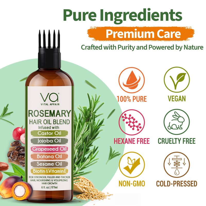 Blend Of Pure Rosemary Oil For Hair Growth With Castor, Batana, Jojoba Oil-Infused With Biotin & Vitamin E-Blend of Effective Hair Oils for Hair Growth-Strengthening Treatment-By Vital Affair-6 Fl Oz