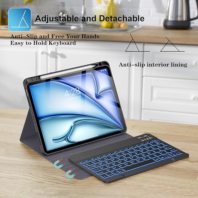 Supveco Keyboard Case for iPad Air 11 Inch (M4 2026,M3 2025,M2 2024),iPad Air 5th/4th Generation with Pencil Holder-7 Colors Backlit Wireless Detachable Folio Keyboard Cover -Black